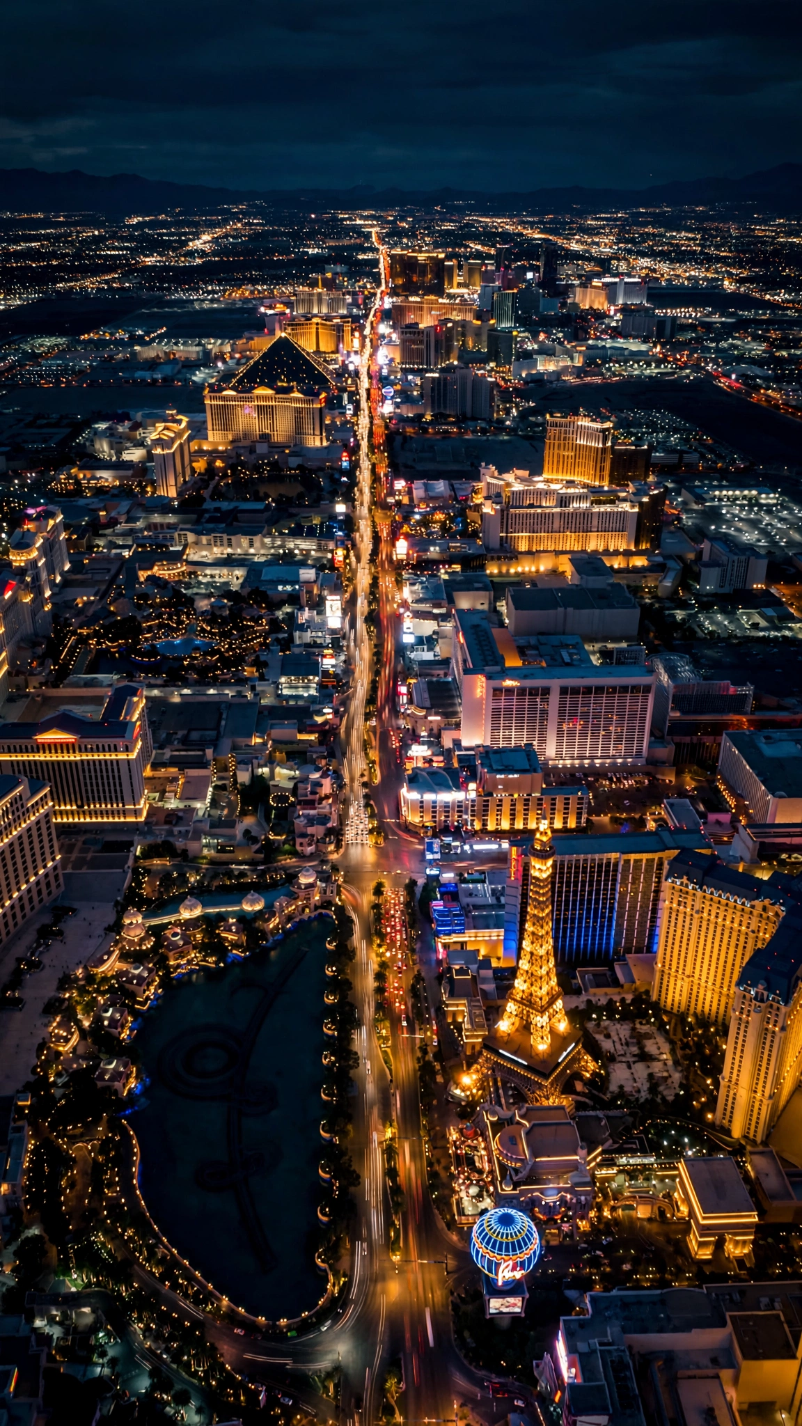 Tall aerial view down Las Vegas Boulevard at night, the full Strip glowing below