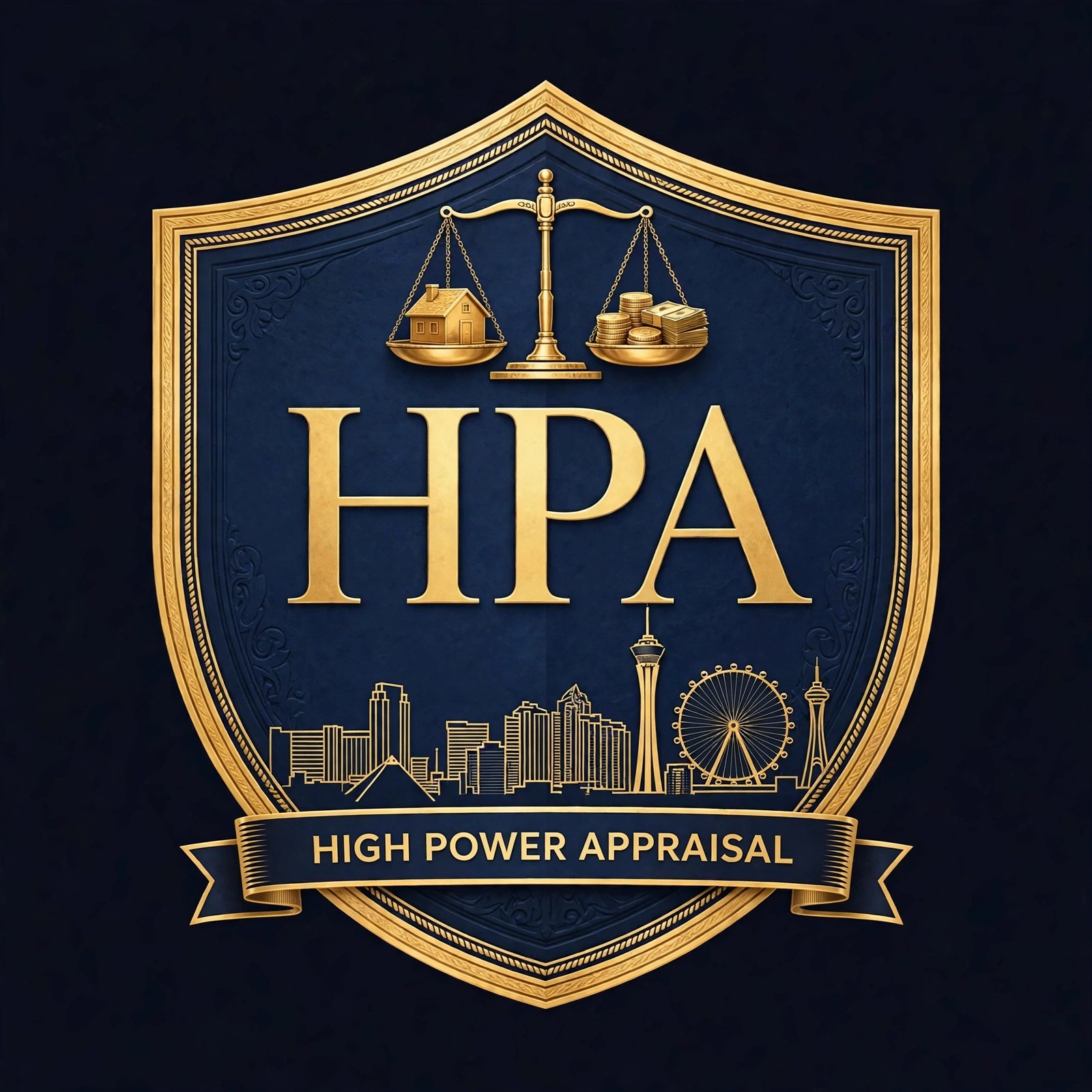 High Power Appraisal navy and gold shield logo