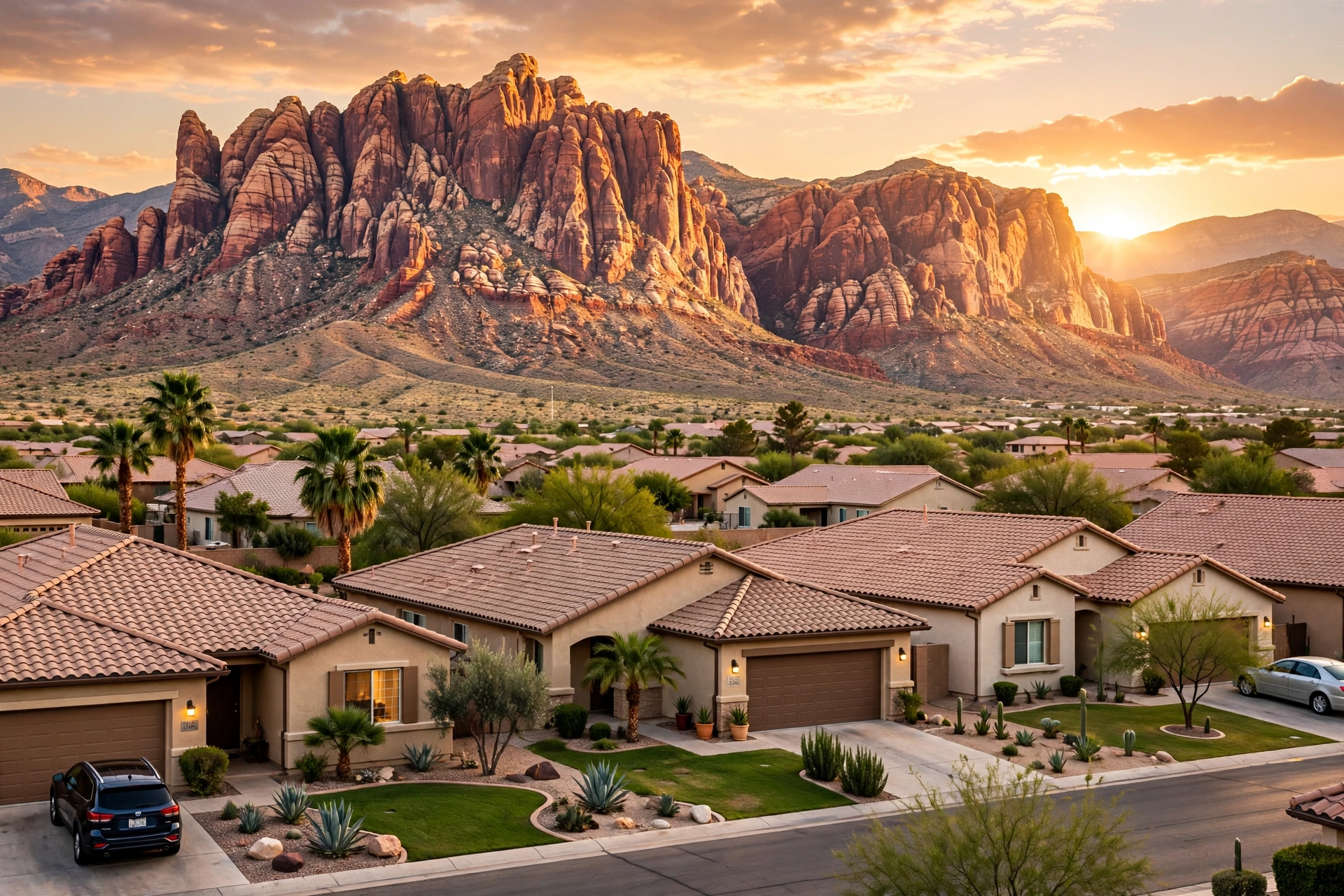 Homes below Red Rock cliffs at dusk