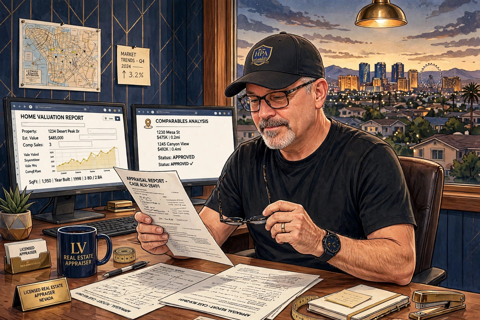 Illustration of Robert Beatty at his appraisal desk, report in hand and comparables on the screens, the Las Vegas skyline glowing through the window behind him