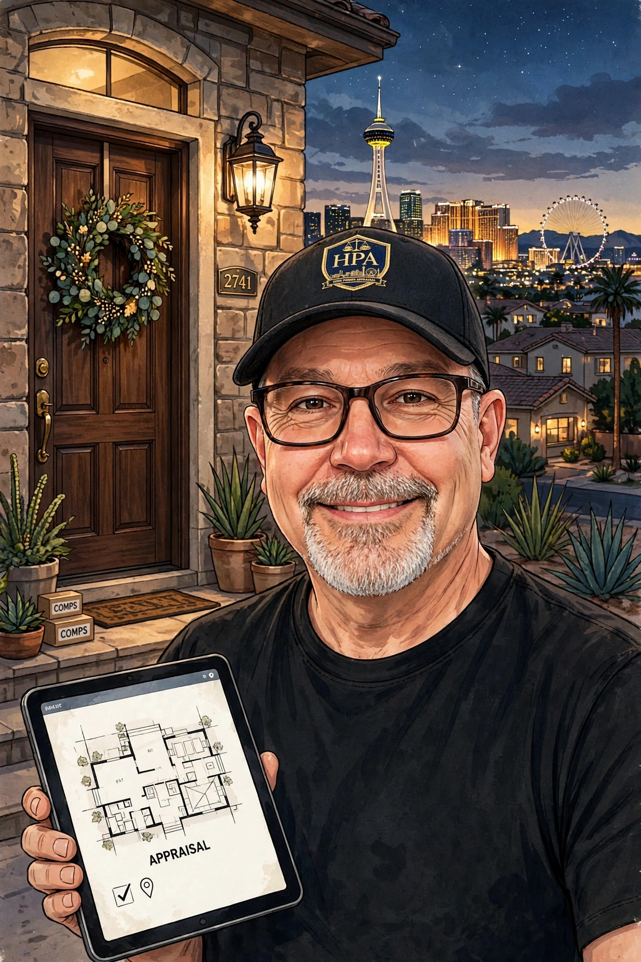 Illustration of Robert Beatty at a home's front door at dusk, tablet with a floor plan in hand, the Las Vegas skyline glowing behind him