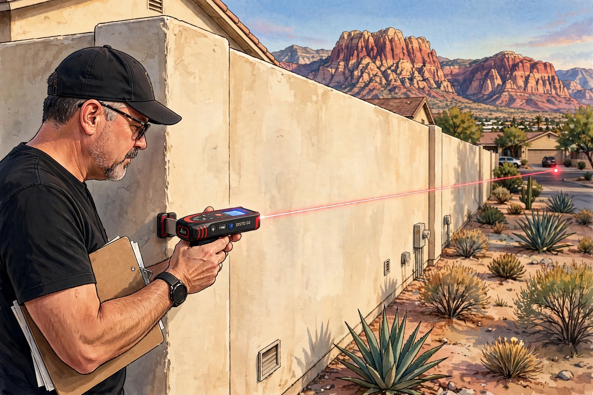 Illustrated appraiser measuring a home's exterior wall lengthwise with a red handheld laser distance meter.